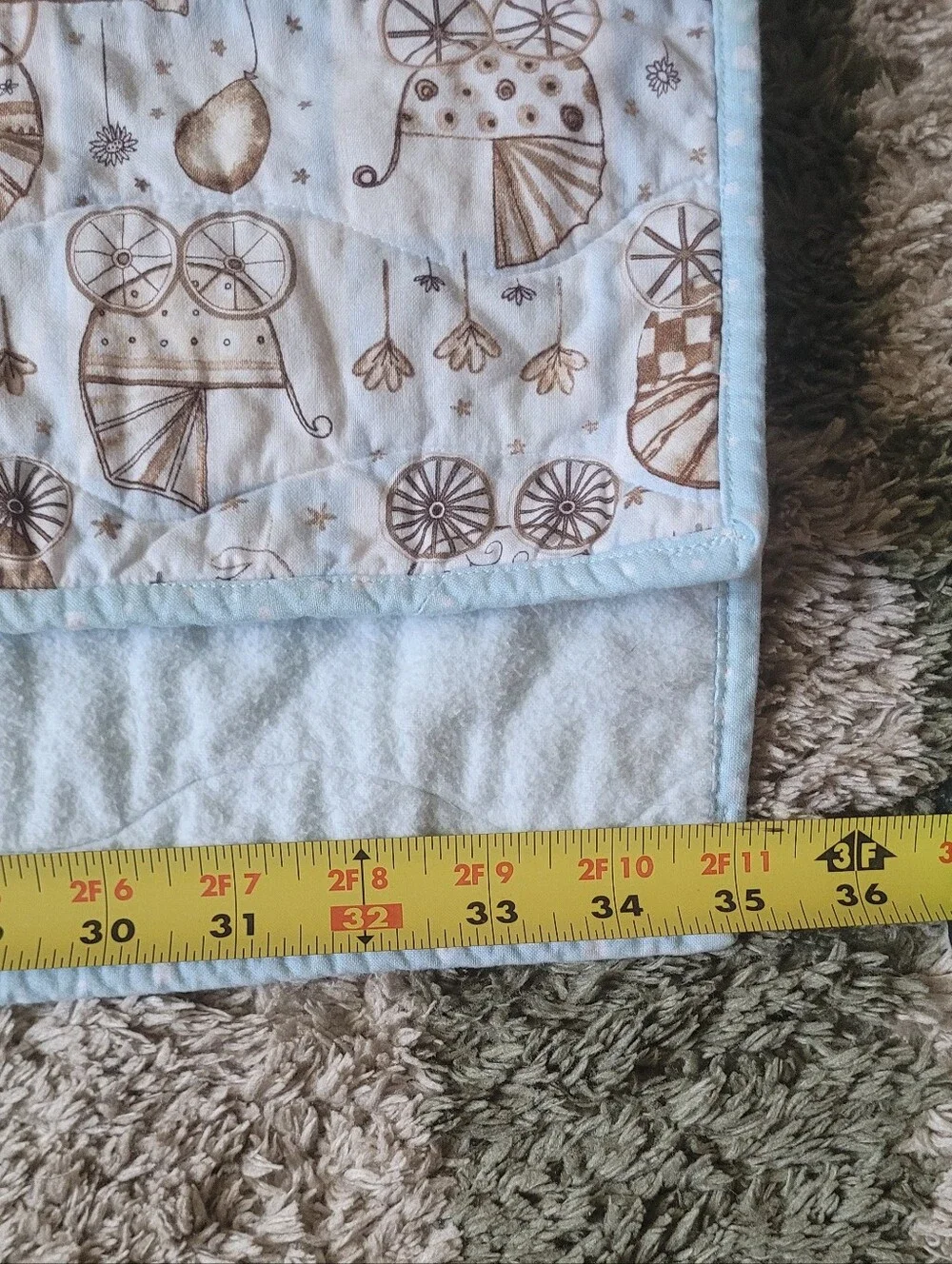 Handmade Plush Baby Quilt in Light Blue and Brown